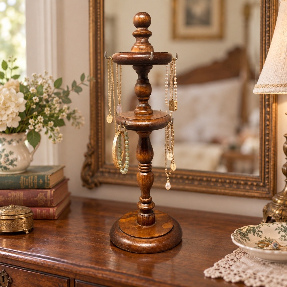 Vintage Wood Jewelry Stand 15" Two Tier Necklace Bracelet Display Holder